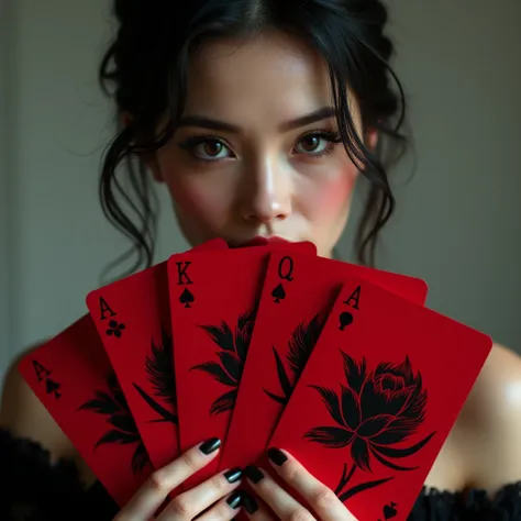  maximum resolution ,  maximum resolution ,  maximum resolution ,  Sexy pretty girl holding big AA red cards with black flowers