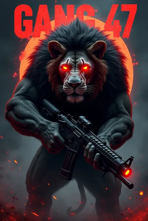 Create an image of a fierce lion with a machine gun and red eyes with the phrase Gang 47 5 CFHP 2024 Company