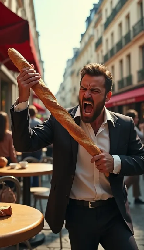 A Frenchman in a street, angrily grabbing a baguette from a table, with the baguette presented as a weapon. The man looks furious, his face contorted with rage, as he stands in the middle of a French street setting, photorealistic, 8k, high resolution, HDR...