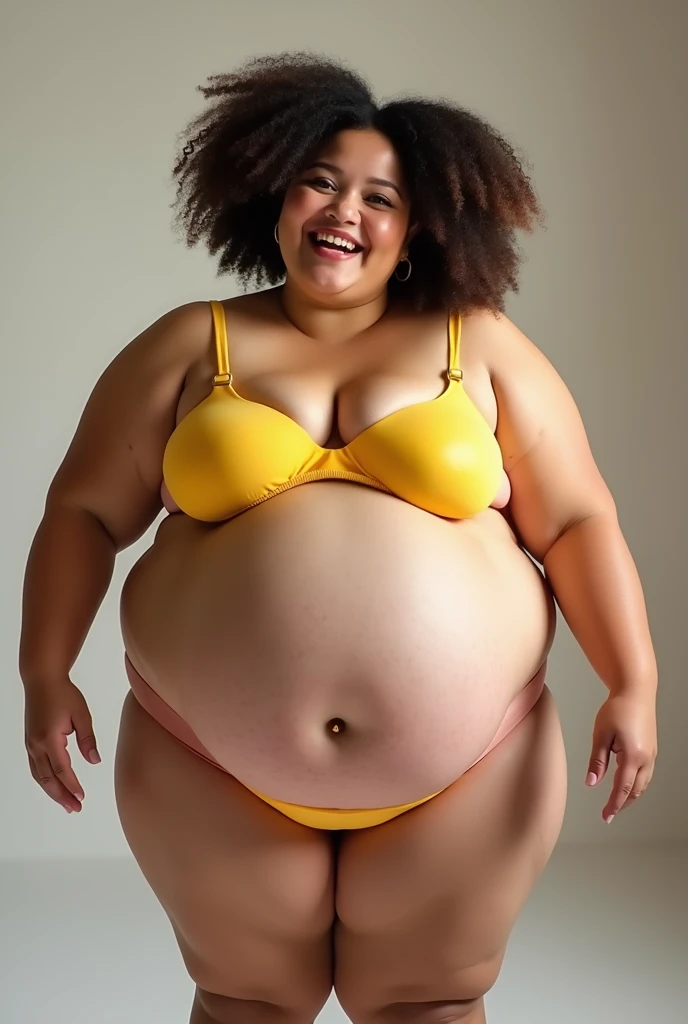 vue de face, Chubby girl, énorme poitrine, énorme fesses, corps entier potelé, visage fin, debout, taille étroite, hanches très large, mâte de peau, portant un soutien-gorge rose jaune, jambes ouvertes, string jaune rose, mains en lair, risort, souriante m...