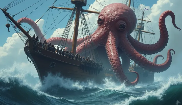 Giant octopus attacking the pirate ship with its tentacles from the perspective of the ship