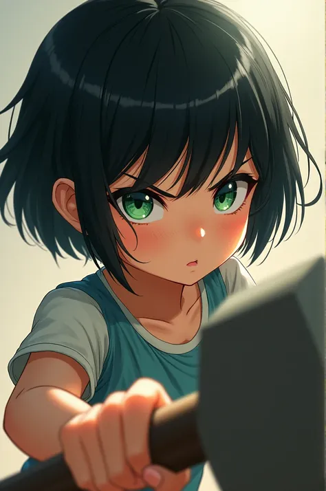 girl,  ,   short hair black hair *mallet*, Bright green eyes,  fair skin 