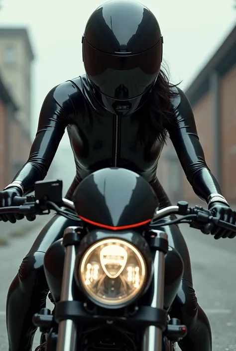 Naked girl in latex suit and motorcycle helmet