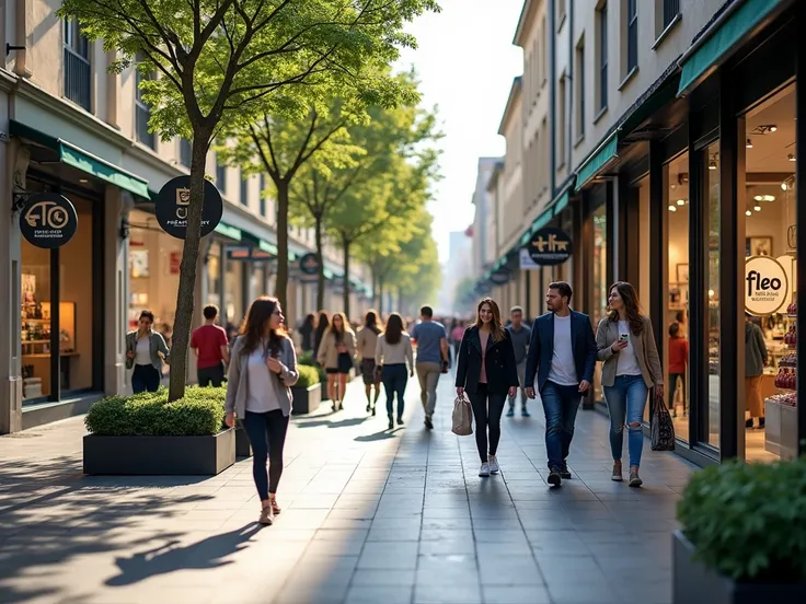  A busy shopping street ,  filled with modern and vibrant stores on both sides .  Store windows display stickers that highlight participation in the Fleo digital pamphlet service, with an elegant design,  ecological and the Flea logo accompanied by the phr...