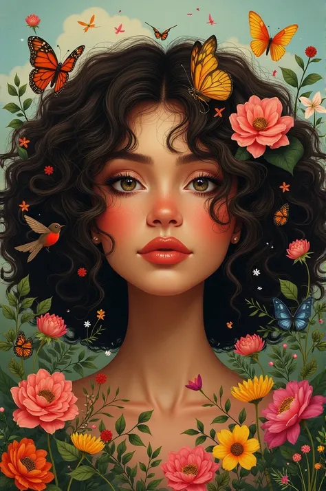  Draw the face of a fat woman , with dark brown hair,  flowers , The many long curly , birds, butterflies,  that cover her face from the end of her nose up,  is an image that expresses life , Strength and courage