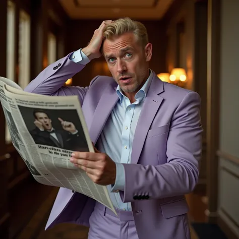 A realistic image of a handsome blonde man with blue eyes wearing a light violet-toned suit. The man is depicted in a luxurious and modern interior, standing with an expression of shock and disbelief. He is holding a newspaper in one hand and has his other...