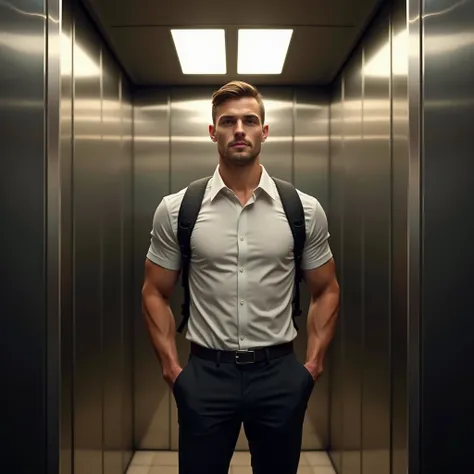 A young, athletic man of approximately 22 years old ,  wearing a short-sleeved dress shirt and a backpack on his back in the elevator 