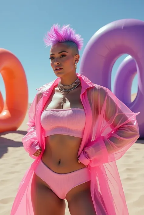 Ancient desert-inspired photoshoot featuring PROTRUDING BIG BOOTY CONTEST champions, highlighting wide hips, hip dips, and abs paired with a tapered waist. Neon plastic raincoats over pastel sweater rompers styled with corsets and chokers. Hair: bright lil...