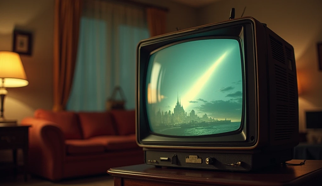 Close-up of a 1960 television in a living room where news anchor talks about a comet disaster