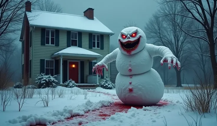 A monstrous snowman , now standing,  with arms extended,  larger and darker than before .  It is slowly moving towards the house ,  leaving a trail of bloody snow .  The scene shows a house in the foreground ,  with the windows closed and the door locked, ...