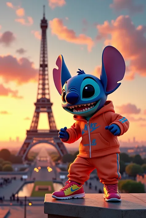 Paris Tower with Stitch dressed in Nike clothing 
