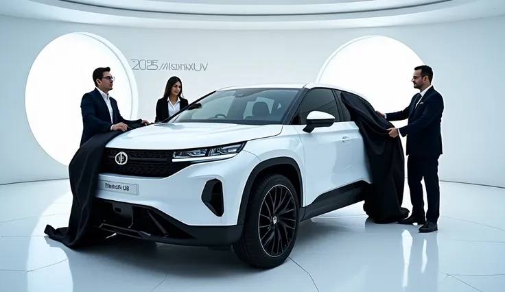 A futuristic (mahindra xuv e8) is being revealed in a modern and luxurious showroom. The car is a vibrant white with black accents, highlighting its bold and aggressive design. Three people, a man and two woman dressed in formal attire, are removing a larg...