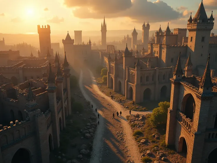  I want a view from above of a medieval fantasy city that was in ruins but is starting to be rebuilt and showing parts of that reconstruction seen from above and the sun is coming out, I need you to show from above the workers rebuilding the city, Dont hav...