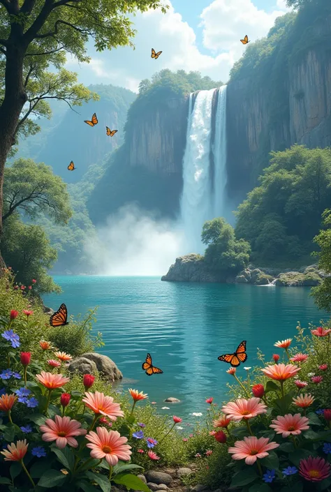 Beautiful forest and flowers butterflies and world biggest waterfalls in big lake 