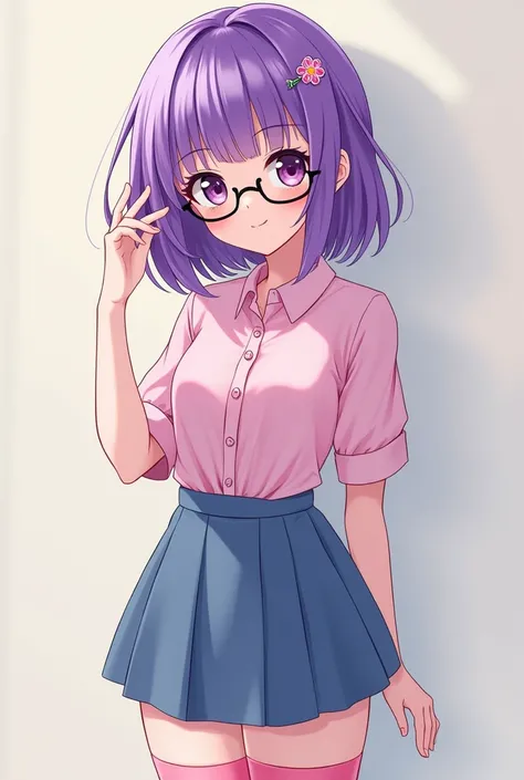 A girl in a pink blouse with purple hair with glasses and a short blue skirt and pink stockings she has a pink hairpin
