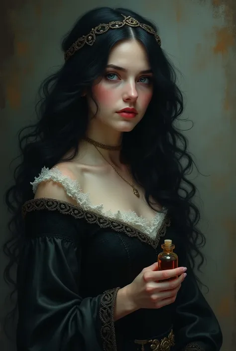 Women of the Middle Ages , wearing a dress from the middle ages  ,  long black hair  , pink lips , ojos azules.  Y with a small bottle of poison 