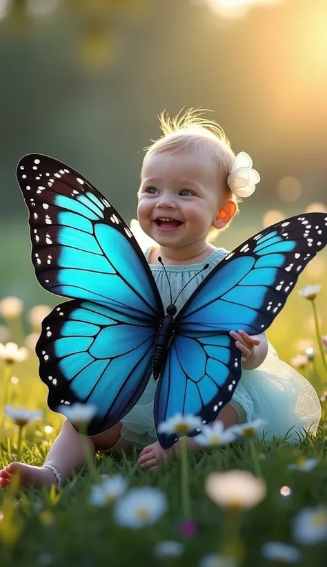 A baby happily sitting atop a giant butterfly with vibrant blue wings and delicate details. The baby wears a light blue outfit with small wings attached to the costume. The scene takes place in a magical garden with soft lights, glowing flowers, and dewdro...