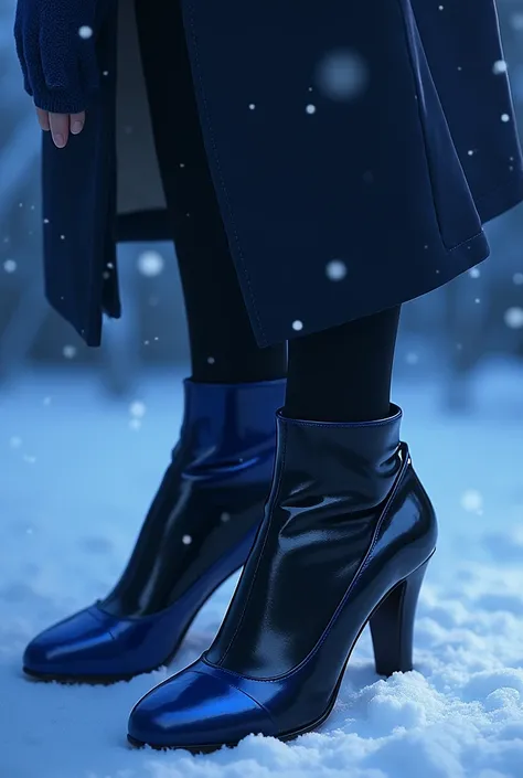 Create a picture of a pair of patent leather sandals with a black blue leather pair and a  with a dark blue black leather pair with a pair of blue black leather gloves wear a woolen mask and wear a scarf under the snow that falls on Christmas night in the ...