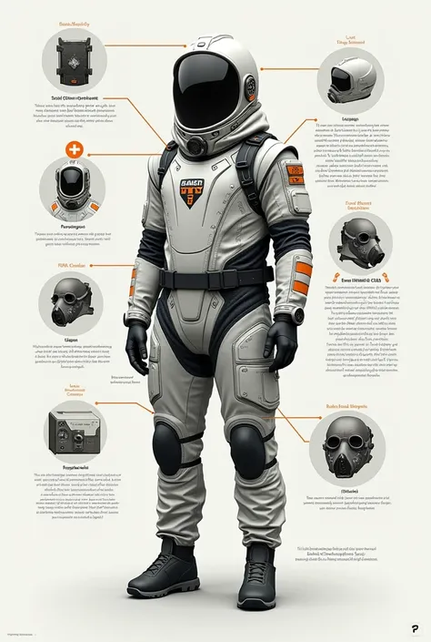 Infographic of a suit against chemical protection and radiation and a gas mask