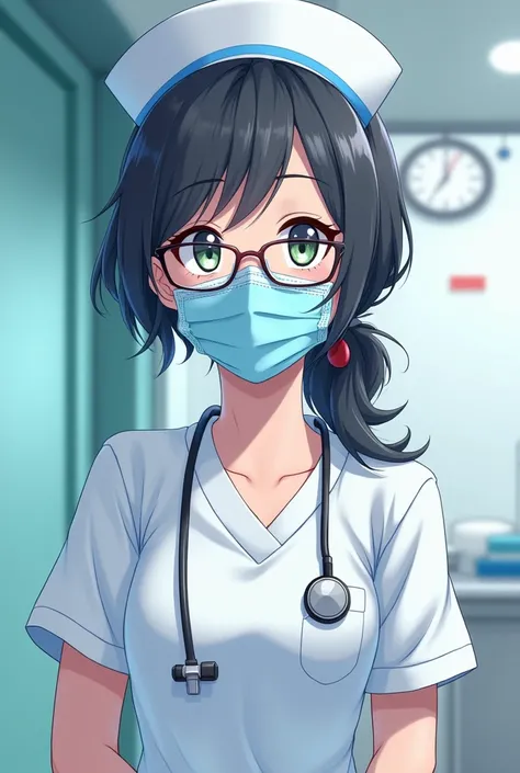 Black hair, glasses, nurse, kind, make a medical mask colour blue, anime 