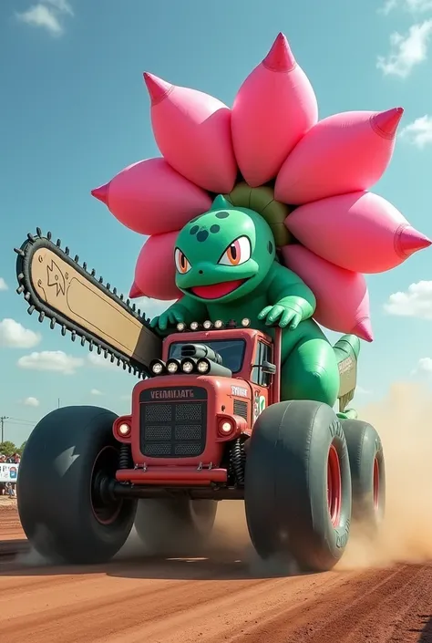 A EXTREMELY LARGEST Gigantic inflatable venusaur Pokémon riding on top of the gigantic inflatable Chainsaw with Diesel exhaust pipes, then venusaur’s giant pink inflatable flower becomes a rotary propeller engine speeding up venusaurs pink flower spinning ...