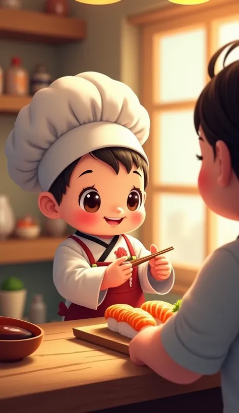 Ultra-detailed illustration of a cute baby sushi chef standing behind a small sushi counter. The baby is wearing a tiny chef’s hat and apron, holding a piece of nigiri sushi carefully. In front of the baby, an adult customer smiles in anticipation. The sce...