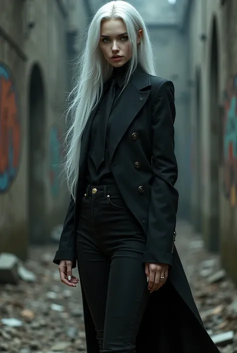 Girl with a doll face  , very high,  black jeans-shirt and jacket,  Silver long hair,Thin fingers,adult,arrogant face,stands against the backdrop of ruins,Vampire, black round glasses ,ботинки