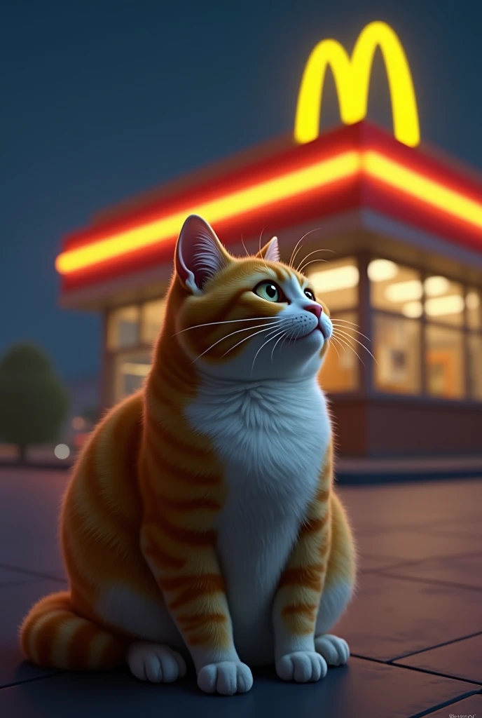 ( realistic ) Create a fat orange cat watching a McDonalds at night 