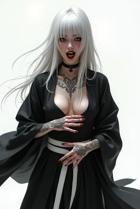  white vampire woman , Japanese,  vampire fangs ,Chanel neck-length white hair,  a straight fringe on the front ,  two locks of hair on the large front up to the shoulder , kimono black, Are you holding a cane,  both of her arms are tied together , tattoos...