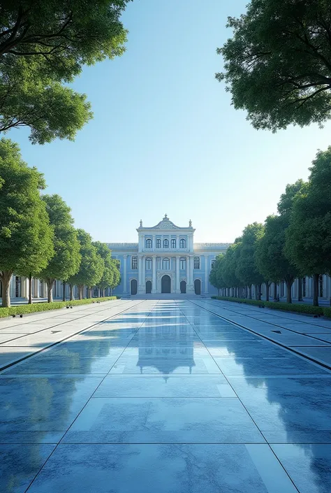 A large flat area ... has a smooth and shiny blue marble floor
It is bordered by trees, in a courtyard behind the palace