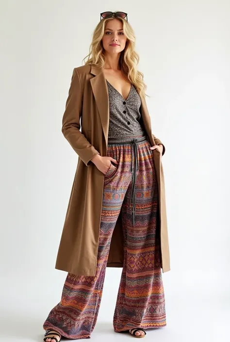 a boho print vest , Palazzo pants and structured coat for women medium size pale complexion posing on a white background