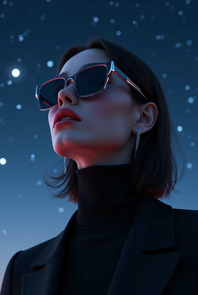  Model wears glass sunglasses,  lighting that depicts stars and the moon