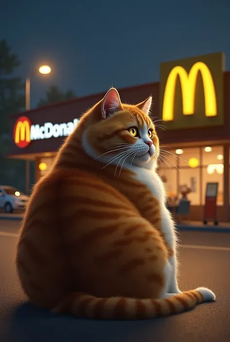 ( realistic ) Create a fat orange cat looking backwards in front of a McDonalds at night