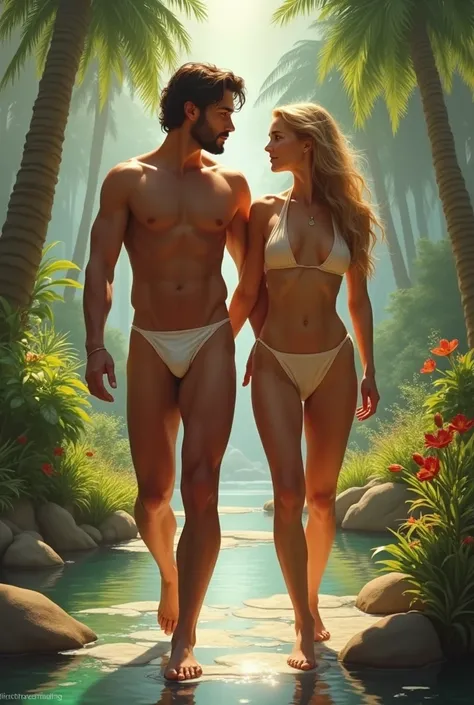 Adam and Eve in paradise walking in a microbikini on their backs
