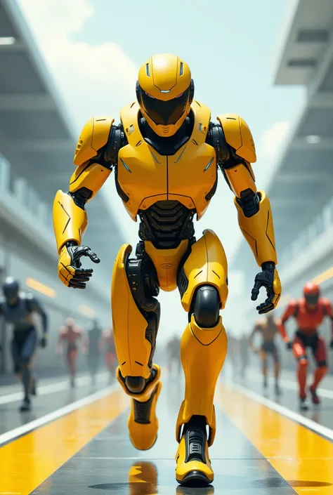 Ultra-modern yellow robot winning a robot race 