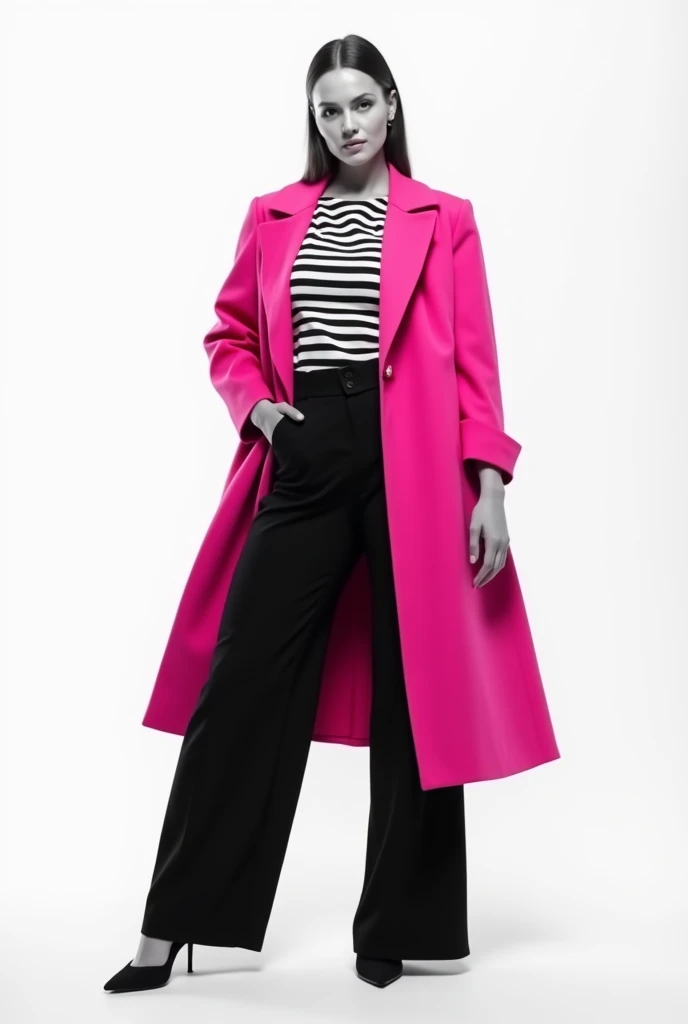 a black and white striped vest ,  black Palazzo pants and pink structured coat for women medium size pale complexion posing on a white background