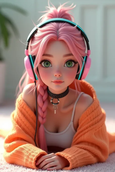 high resolution, 8k.
A woman, hair braid, pink  hair, greeneyes, gazing at viewer, slightly separated lips, make up, Neon headphones behind the head.
Wears a tank top and a neon jacket.
She is standing exactly in the middle and looking directly at the came...