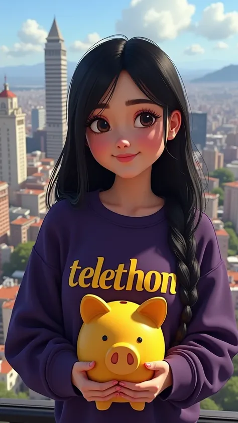 Woman 30 years, long straight black hair, wearing dark purple sweatshirt with the word “telethon Mexico”in bold bright yellow letters, with long loose washed jeans and white sneakers. Getting inside a black cable car, holding a bright yellow large piggy ba...