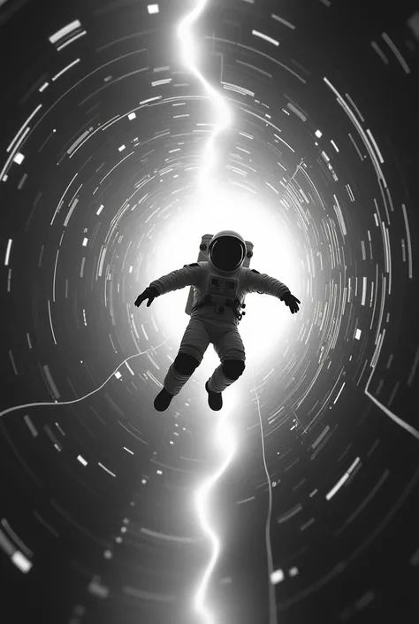 Astronaut falling into a black and white quantum tunnel