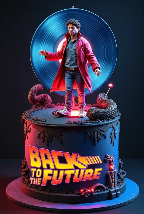 Hello can you give me an idea of a cake where a record from the 80s and its music appears and the Cobra Kai logo appears and the main character appears and also the characters from Back to the Future and the Car appear