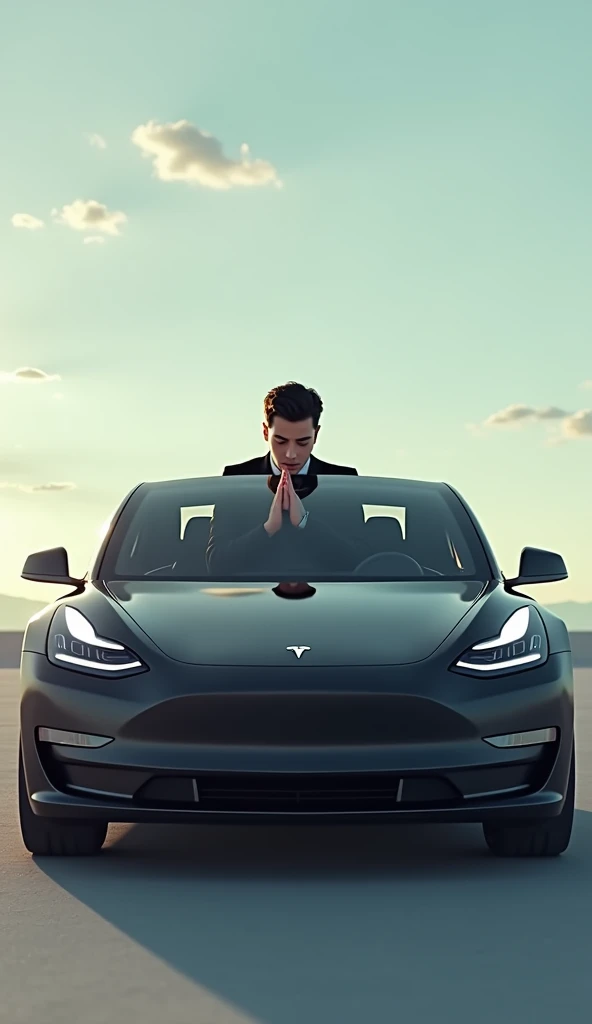 Create a young millionaire sitting and praying above him in a Tesla car in the middle of a sunny day with minimalist colors.