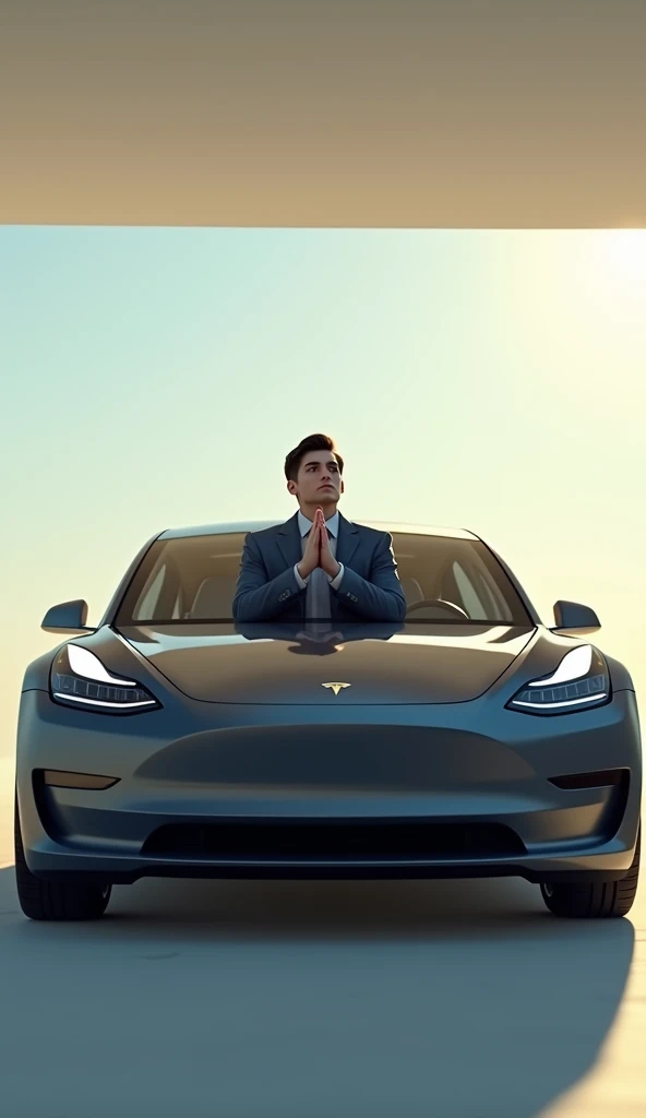 Create a young millionaire sitting and praying above him in a Tesla car in the middle of a sunny day with minimalist colors.