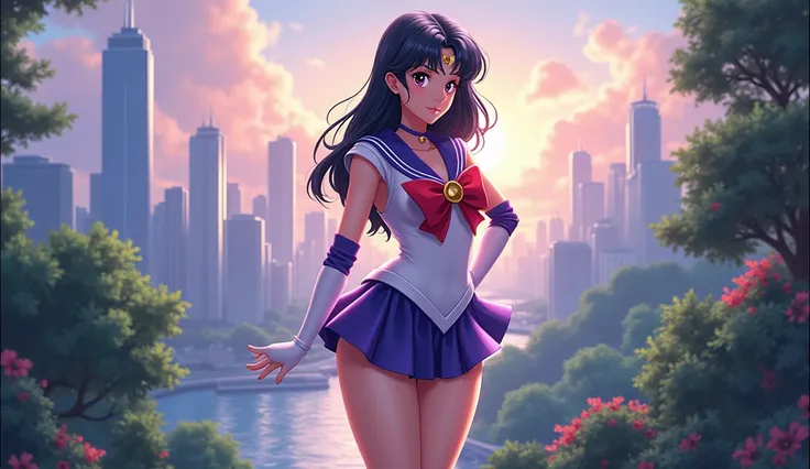 Full body, Sailor Saturn With a chubby body that looks sexy and beautiful. full body in frame. background beautiful city.