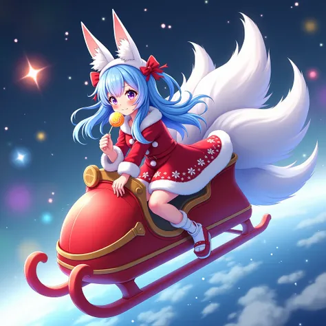 Beautiful anime girl on a red sled with 9 tails with fox ears in a New Years costume in space with a colorful lollipop with blue hair 