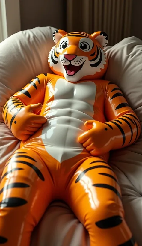 full body image of man laying down getting encased by a shiny living stretchy latex inflatable zootopia tiger blob costume made of latex slime skin stretching around wrapping his body in zootopia tiger slime extremely sexually pleasuring him, mans hands go...