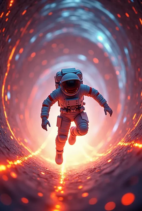 Astronaut falling into an energetic and explosive tunnel