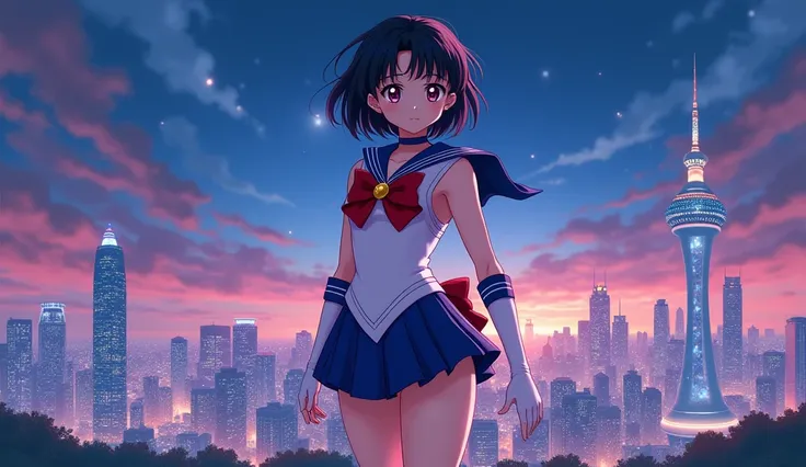 Full body, Sailor Saturn With a short hair and chubby body that looks sexy and beautiful. full body in frame. background beautiful city.