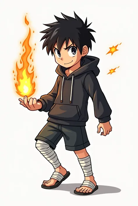 A cartoon manga boy with a black hoodie. He also has bandages on the two of his legs and his left hand. He has black hair. His currently holding a fire flame in his right hand.