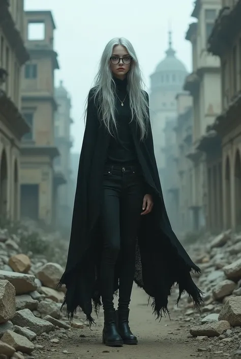 girl , very high,  with round glasses with black lenses,  in a black old cloak  , black jeans ,  long silver hair, Thin fingers, boots,white skin, realistic,  shaggy , doll face , stands against the ruins of the city ,adult