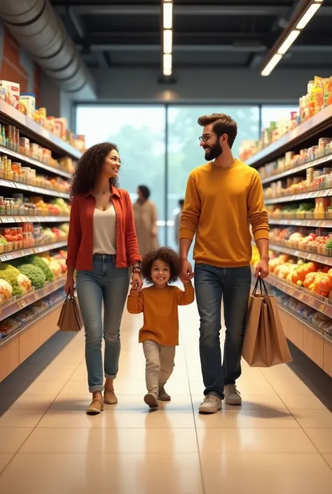  Make the image of a happy family shopping at a supermarket, realistic, bem realistics mesmo